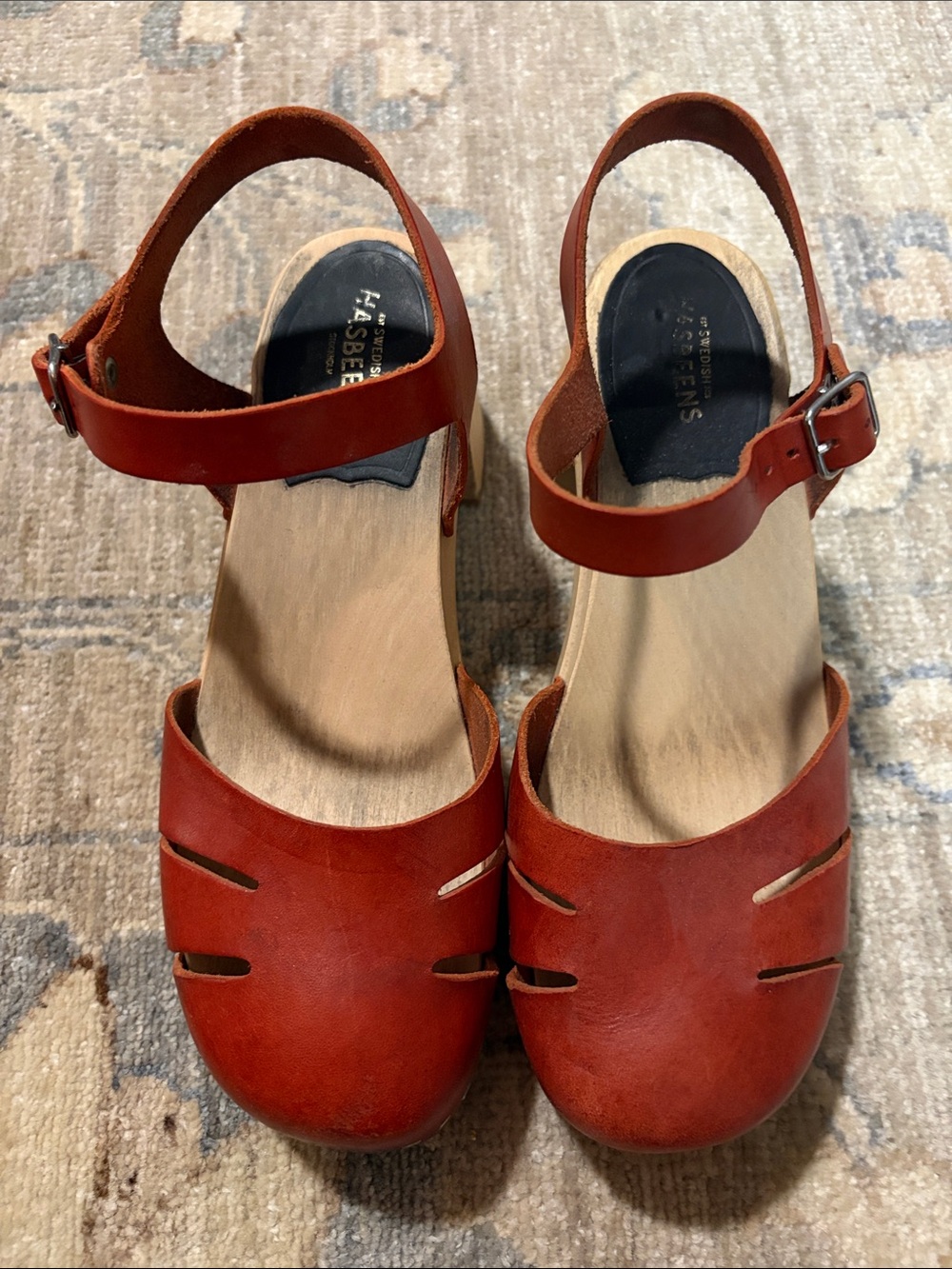 Swedish Hasbeens Rustic Cognac Leather Slingback Clogs
